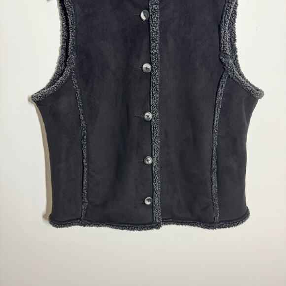 LL Bean Sherpa Lined Vest Women XL Black Faux Suede Button Up Cozy Collared - Picture 5 of 8